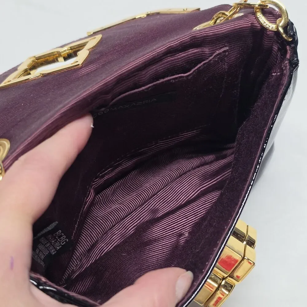 BCBGMaxAzria Black Patent Leather Clutch Evening Bag Gold Hardware Party Prom